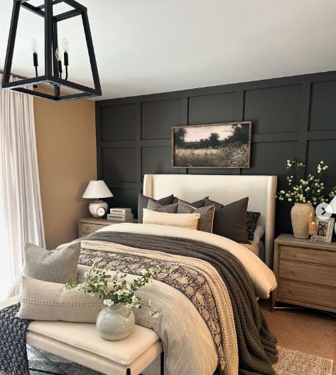 19 Farmhouse Bedroom Ideas to Inspire Your Next Makeover 22 Minimalist Bedroom Style, Wood Panel Bedroom, Charcoal Bedroom, Tan Bedroom, Walnut Bedroom, Farmhouse Bedrooms, Farmhouse Bedroom Ideas, Black Accent Walls, Nightstand Decor