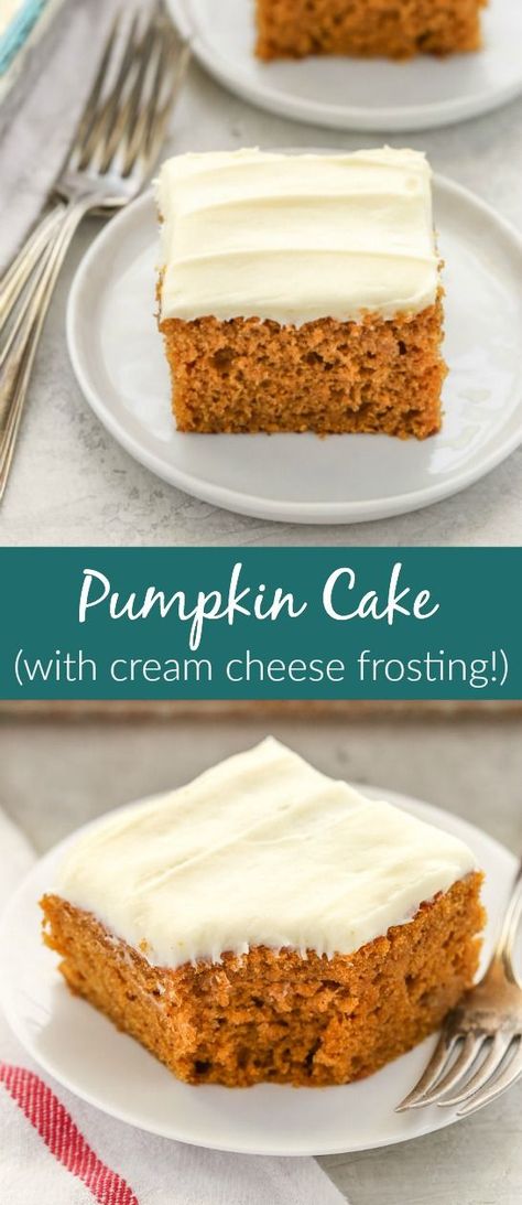 This pumpkin cake is easy to make, soft, super moist, and topped with an easy homemade cream cheese frosting. The perfect dessert for fall! Pumpkin Cake With Cream Cheese, Dessert For Fall, Homemade Cream Cheese Frosting, Homemade Cream Cheese, Cream Cheese Frosting Cake, Dessert Oreo, Dessert Parfait, Bites Recipes, Pumpkin Recipes Easy