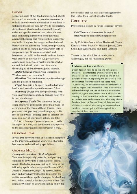 Ghost: DnD 5e Homebrew Homebrew Races, 5e Races, Ghost Template, Dungeons And Dragons Races, Dnd Classes, Dnd Races, Dungeons And Dragons 5e, Rpg Ideas, Dungeons And Dragons Classes