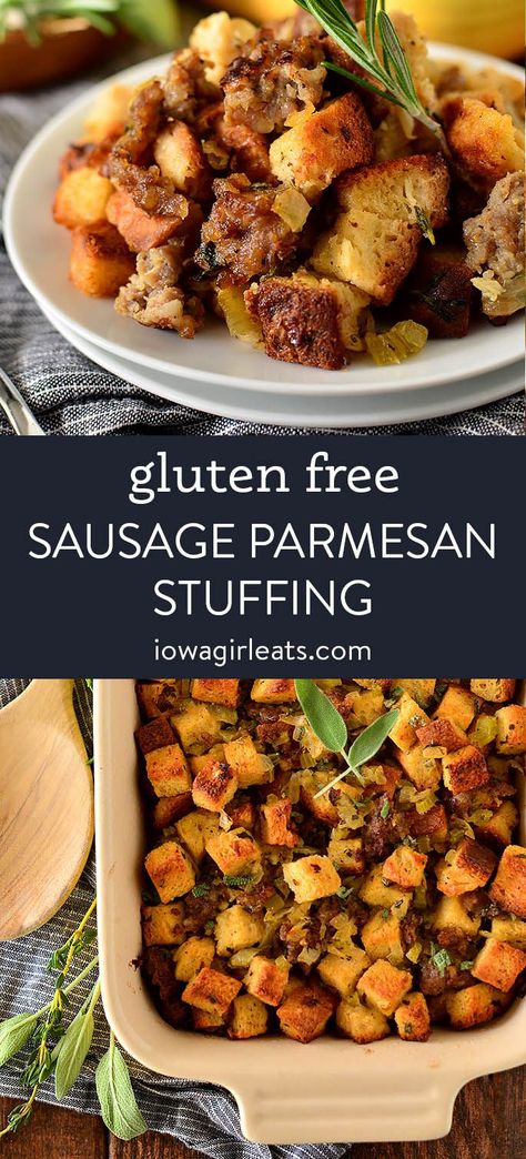 Gluten Free Stuffing | Easy, Garlicky, and Herby Gluten Free Sausage Stuffing Recipes, Gluten Free Stuffing With Sausage, Gluten Free Sausage Stuffing, Gluten Free Side Recipes, Gluten Free Stuffing Thanksgiving, Gluten Free Thanksgiving Side Dishes, Stuffing Easy, Stuffing With Sausage, Gluten Free Stuffing Recipes