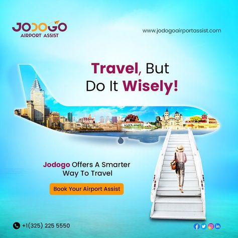 Jodogo Airport Assist offers a smarter way to travel ✈️ by taking care of airport procedures. Call us to book your services immediately! 📞 (+1) 32522 55550 Travel Advertising Design, Banks Ads, Travel Creative, Travel Advertising, Ads Creative Advertising Ideas, Travel Poster Design, Travel Ads, Social Media Advertising Design, Digital Marketing Design