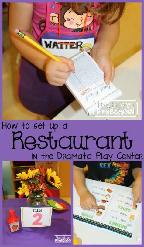 Tons of pictures, ideas and resources to help set up a kid-friendly, literacy rich, learning center in the dramatic play area.  |Play to Learn Preschool| Restaurant Dramatic Play Kindergarten, Kindergarten Kitchen Center Ideas, Restaurant Dramatic Play Preschool, Classroom Restaurant, Restaurant Role Play, Dramatic Play Restaurant, Restaurant Dramatic Play, Pretend Restaurant, Play Restaurant