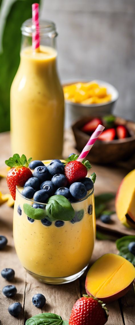 Sunny yellow smoothie made with mango, blueberries, and spinach in a rustic setting with a bamboo straw. Quick Breakfast Smoothies, Yellow Mango, Smoothie Diet Plan, Smoothie Ideas, Mango Smoothie, Fruit Smoothie Recipes, Strawberry Banana, Sunny Yellow, Breakfast Smoothie