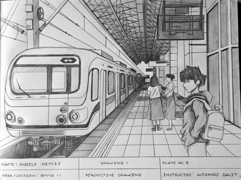 Train Station Perspective Drawing, Art In Perspective, One Point Perspective Drawing People, Train Illustration Art, One Point Perspective Railway Station, Train One Point Perspective, Train Perspective Drawing, Railway Station Drawing In Perspective, Railway Station Drawing Sketch