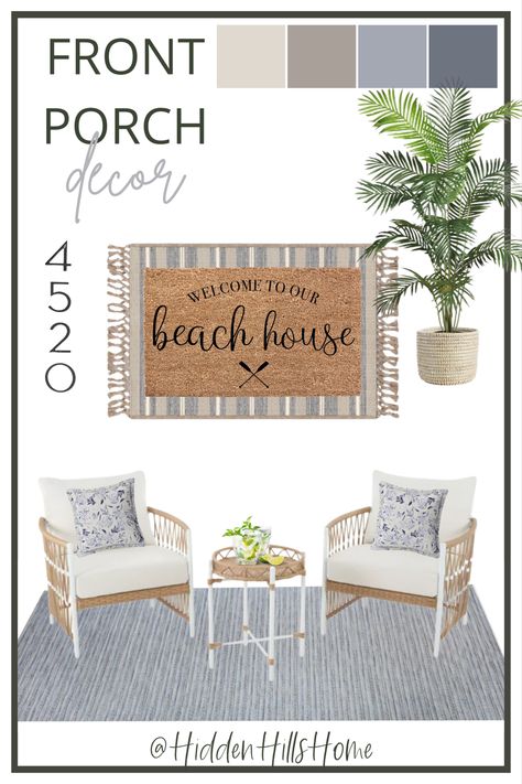 Coastal front porch decor mood board with beach house chairs and blue rug Front Porch Tables Ideas, Beach House Front Porch Coastal, Coastal Patio Decorating Ideas, Coastal Front Porch Ideas Exterior, Front Porch Beach House, Coastal Front Door Ideas, Beach Front Door Decor, Coastal Front Porch Decor, Coastal Front Door Decor