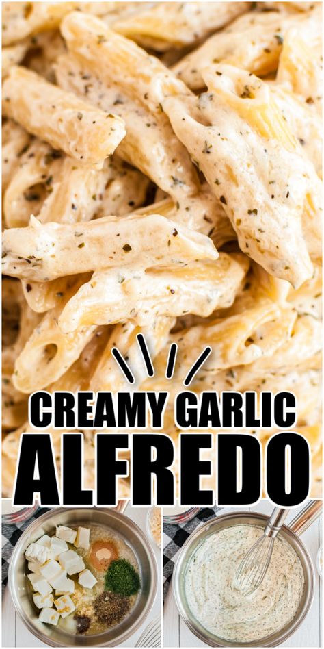 Creamy Garlic Pasta is just as easy as it is creamy! This delicious alfredo can be made in 20 minutes or less, so it's the perfect weeknight dinner when you need something fast but oh so good! Garlic Alfredo Pasta, Creamy Garlic Pasta, White Sauce Pasta, Garlic Cream Sauce, Creamy Garlic Chicken, Soul Food Dinner, Pasta Night, Pasta Ingredients, Garlic Pasta