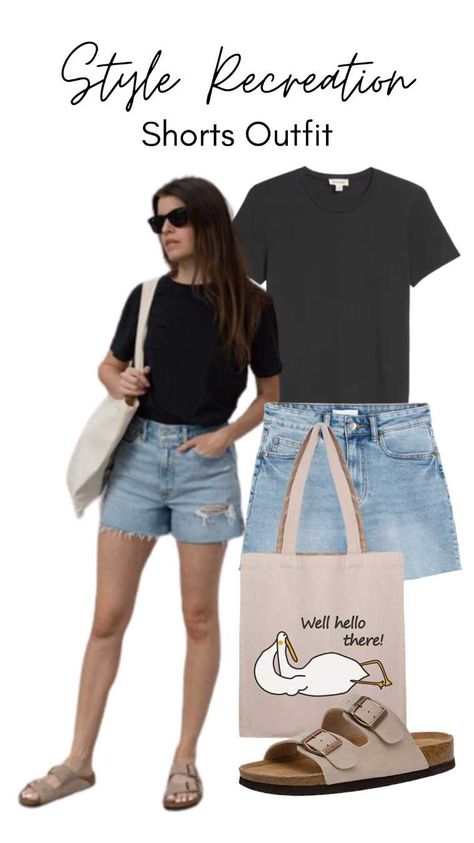 black t shirt, denim shorts, tote bag, Birkenstocks sandals Black Shirt Denim Shorts, Chic Denim Shorts Outfit, Birkenstock Shorts Outfit, Shorts And Birkenstocks Outfit, Footbed Sandals Outfit, Shorts And Sandals Outfit, Coffe Outfits, Birkenstock Outfit Summer Casual, Slip On Sandals Outfit