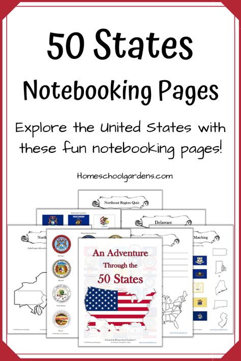 Take your kids on adventure with this U.S. State Study! They’ll gather the facts and stories behind what makes each state unique. Study the 50 states with these fun notebooking pages – a perfect complement to any homeschool history curriculum. | homeschoolgardens.com #homeschool #homeschoolhistory #homeschoolprintable #statestudy #50states 50 States Homeschool Curriculum, Culture Studies, Homeschool Curriculum Planning, Notebooking Pages, Unit Studies Homeschool, American History Lessons, Teaching Geography, Homeschool Geography, The 50 States