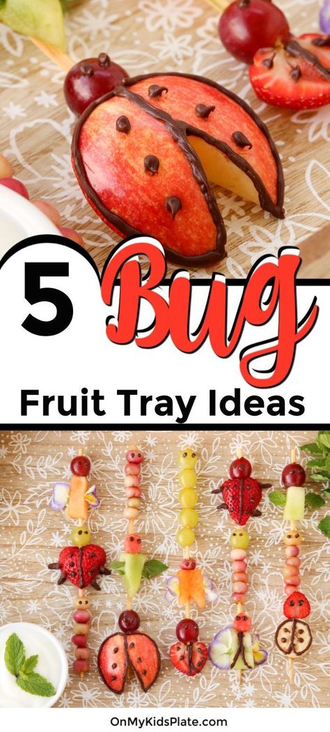 These cute bugs are fun for kids for your next birthday party or just for a fun fresh fruit tray ideas! Learn five different bug ideas to make for adorable snacks, including a gooey chocolate dip. Start with the cute caterpillar kabobs for an easy and healthy idea, or try them all! #onmykidsplate #fruittrayideas #birthdaypartyideas #healthypartyideas #cutefood #funfoodforkids #dip #fruitideas #partyideas Bug Party Food, Fruit Tray Ideas, Bug Food, Fruit Recipes For Kids, Bug Snacks, Cute Caterpillar, Cute Bugs, Chocolate Dip, Fruit Trays