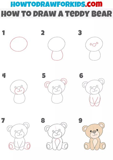 How to Draw a Teddy Bear Step by Step - Drawing Tutorial For Kids Draw A Teddy Bear Step By Step, Sitting Teddy Bear Drawing, Teddy Bear Drawing Easy Step By Step, How To Draw A Bear Step By Step, Bear Doodle Cute, How To Draw A Teddy Bear, Cute Teddy Drawing, How To Draw A Bear, Easy Teddy Bear Drawing