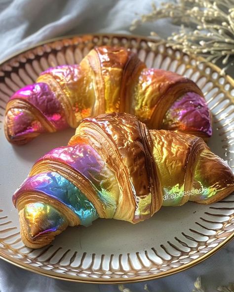 Unicorn croissants 🦄🥐 #croissant #gourmet #foodie #shiny #sparkle #iridescent #iridescentart #aiart #breakfast Mystical Food Art, Pink Croissant Aesthetic, Rainbow Croissants, Iridescent Animals, Fantasy Food, Unicorn Cafe, Fairytale Food, Diy Rhinestone Crafts, Easter Nail Art Designs