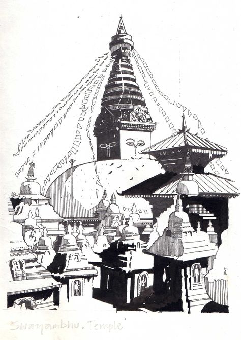 Swayambhunath Temple, Kathmandu, Nepal. Ink drawing by Dean Thody Nepal Temple Drawing, Dashain Festival Nepal Drawing, Dashain Drawing, Nepal Tattoo Ideas, Nepali Tattoo Design, Nepal Sketch, Nepal Drawing, Nepali Tattoo, Nepal Painting