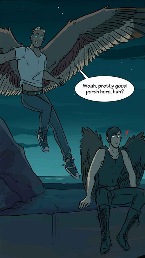 Winged People Poses, The Croaking Fan Art, Avians People, Winged People Drawing, The Croaking Webtoon, Winged Human Oc Art, Human With Wings Character Design, Wings Anatomy, Guy With Wings Art