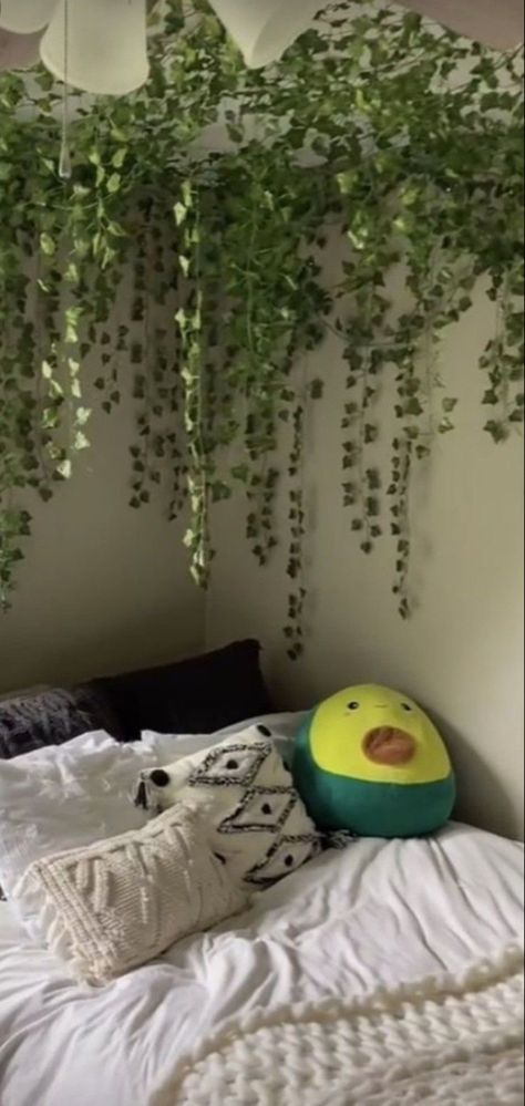 Vines Over Doorway, Fake Vines Above Bed, How To Hang Fake Ivy On Wall, Fake Ivy Decor Bedroom Ideas Ceiling, Ivy Canopy Bed, Ivy Bed Canopy, Ivy Above Bed, Ivy Decorations Bedroom, Ivy Decor Ideas