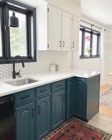 Teal And White Cabinets, Teal Bottom Kitchen Cabinets, Dark Turquoise Cabinets, Dark Turquoise Cabinets Kitchen, Teal Lower Cabinets White Upper, Kitchen Teal Cabinets, Dark Teal Cabinets Kitchens, Dark Teal Kitchen Cabinets, Teal Cabinets Kitchen