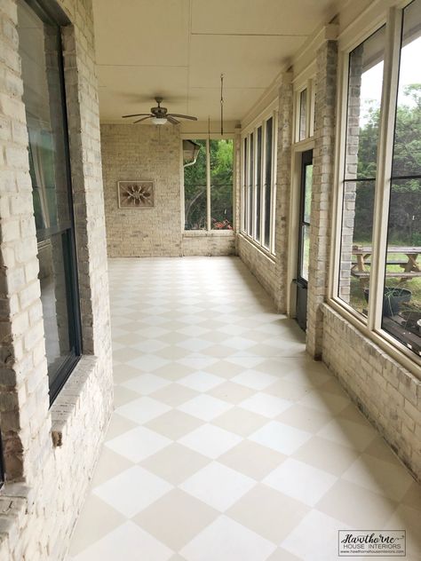 Create a beautiful outdoor space you'll love! Give your porch or patio a makeover by painting the concrete floors. Checkerboard Floor Sunroom, Checkerboard Painted Concrete, Painted Floor Concrete, Concrete Marble Flooring, Painted Concrete Floors Bedroom, Painted Concrete Floors Outdoor, Painted Checkered Floor, Painted Patio Concrete, Diy Concrete Floors