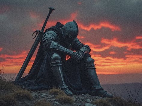 Knight Dark Aesthetic, Medieval Soldier Aesthetic, Playstation Profile Pictures, Knight Praying, Assassin Drawing, Knight Resting, Therapy Friend, Battle Aesthetic, Knight Aesthetics