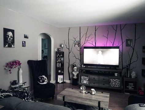 Goth Inspired Home Decor, Black Goth Living Room, Home Decor Gothic Modern, Modern Grunge Living Room, Modern Witch House Living Room, Gothic Living Room Ideas Modern, Spooky Living Room Ideas, Goth House Decor Ideas, Goth Decor Aesthetic