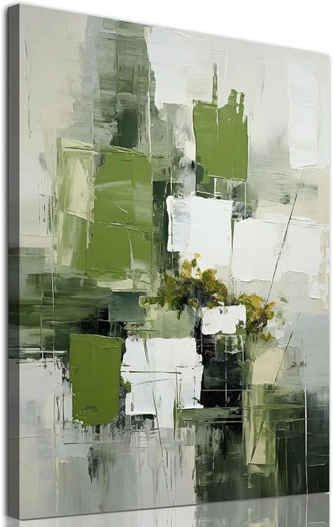 Green Geometric Wall, Abstract Green Painting, Sage Green Art, Color Block Wall, White Oil Painting, Wall Art Sage Green, Block Wall Art, Green Art Prints, Large Abstract Paintings