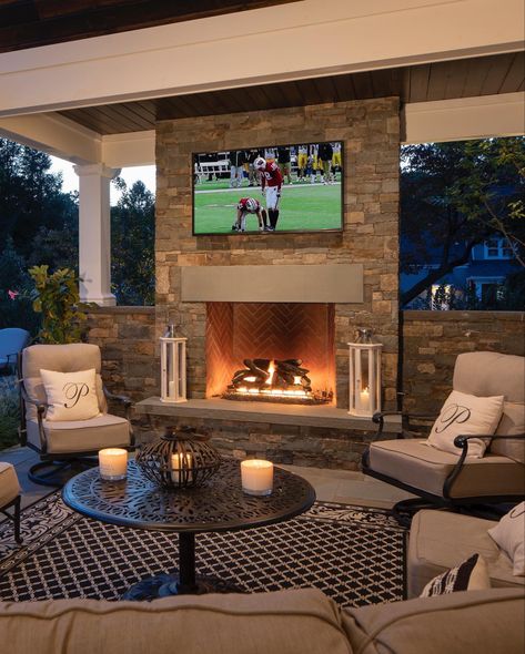 Outdoor living space with natural stone fireplace. Stone Fireplace Ideas, Fireplace Gallery, Outdoor Living Space Design, Stone Fireplaces, Natural Stone Veneer, Outdoor Fireplace Patio, Outdoor Patio Designs, Backyard Fireplace, Patio Fireplace