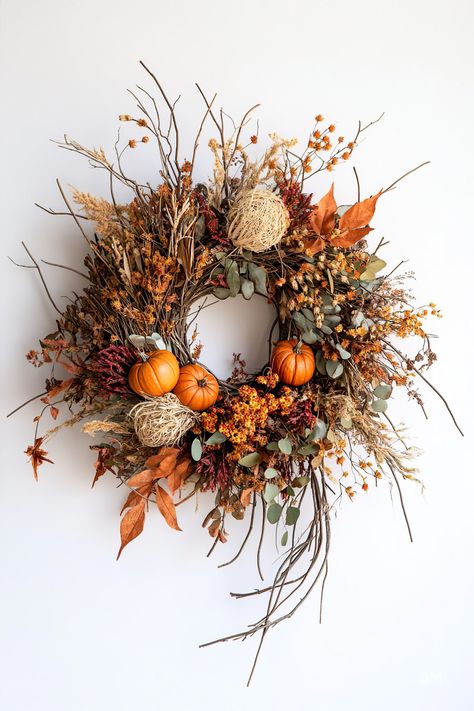 Fall Decor Indoor: Creating a Seasonal Interior - Quiet Minimal Thanksgiving Door Wreath, Harvest Wreath Ideas, Unique Wreath Ideas, Fall Wreaths Diy, Fall Decor Indoor, Flower Arrangement Diy, Fall Floral Wreath, Creative Centerpieces, Thanksgiving Floral