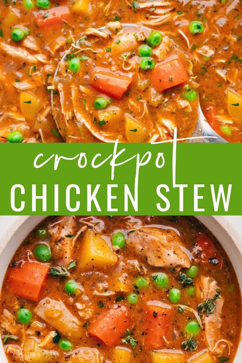 Crockpot Chicken Stew is the ultimate comfort food! It’s a delicious blend of tender chicken, aromatic herbs, loads of veggies, and a savory broth. Just toss everything into your slow cooker and let it work its magic! #dinner #best #familyfriendly #kidfriendly #crockpot #crockpotchicken #crockpotchickenstew #chickenstew #stew Crock Pot Chicken Stew Slow Cooker, Alpha Gal Crockpot Recipes, Slow Cooker Meat And Veggies, Slow Cook Chicken Stew, Healthy Crockpot Stew Recipes, Slow Cook Oven Recipes, Slow Cooker Chicken Stew Recipes Healthy, Chicken Sausage Stew, Chicken Stew In Crockpot