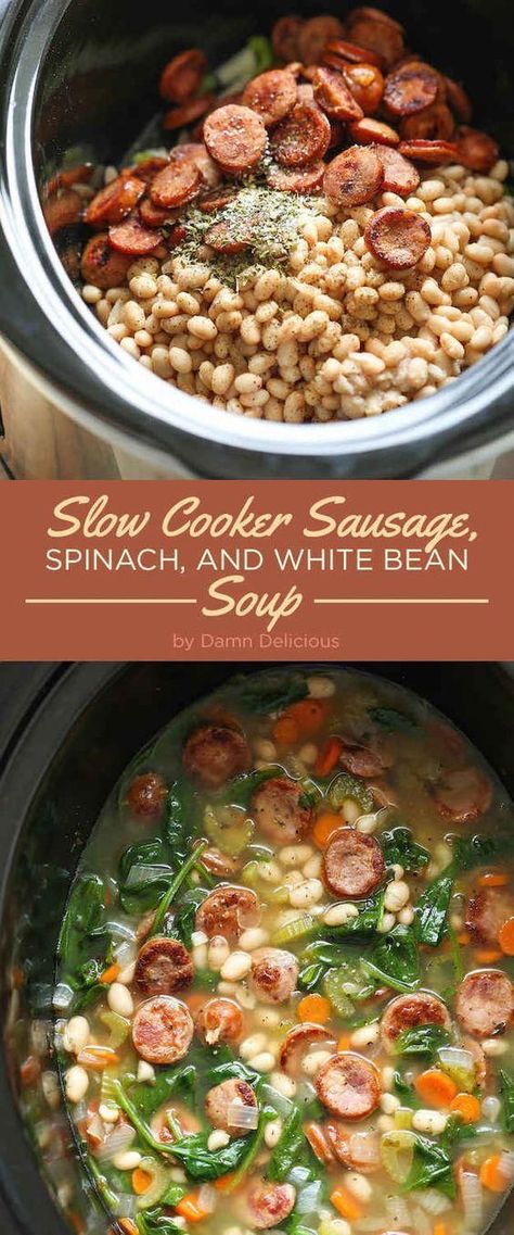 Slow #cooker Sausage, Spinach, and White Bean Soup Broth Beans, September Dinners, Spinach And White Bean Soup, Bean And Sausage Soup, Crockpot Foods, Slow Cooker Sausage, Crockpot Soups, Sausage Spinach, Beans And Sausage