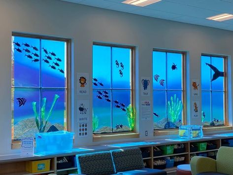 from Lisa Epting Underwood Ocean Window, Vbs Ocean Theme, Ocean Vbs, Ocean Classroom, Underwater Party, Under The Sea Decorations, Ocean Theme Classroom, Ocean Birthday Party, Ocean Room