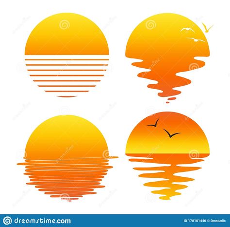 Vector set of flat symbols of sunsets and sunrises. Illustration about reflection, sunset, background, seagull, sunny, design, sunrise, shape, beach, sunbeam, sunlight - 178101440 Sunset Vector Art, Unique Sunset Tattoo, Sunset Logo Design Ideas, Sunset Stencil, Sunset Drawing Ideas, Rise Illustration, Sunset Illustration Art, Sunset Symbol, Sunset Logo Design