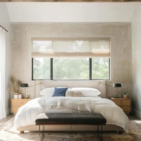 49 Stylish Window Behind Bed Ideas - DecorWithEva Window Treatments Above Bed, Bedroom Windows Behind Bed, Window Behind Bed Design, Bed Placement In Front Of Window, Bed Infront Of Window No Headboard, Low Headboard Under Window, Bed Against Window No Headboard, Bed Next To Door, Queen Bed Against Wall