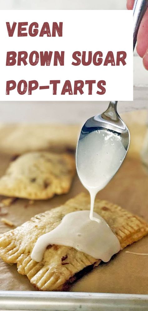 Spoon dripping glaze on a vegan brown sugar and cinnamon pop-tart. Vegan Poptarts, Brown Sugar Cinnamon Pop Tarts, Cinnamon Pop Tarts, Brown Sugar Pop Tarts, Vegan Breakfast Options, Poptart Recipe, Breakfast Pastry, Vegan Kids Recipes, Vegan Baking Recipes