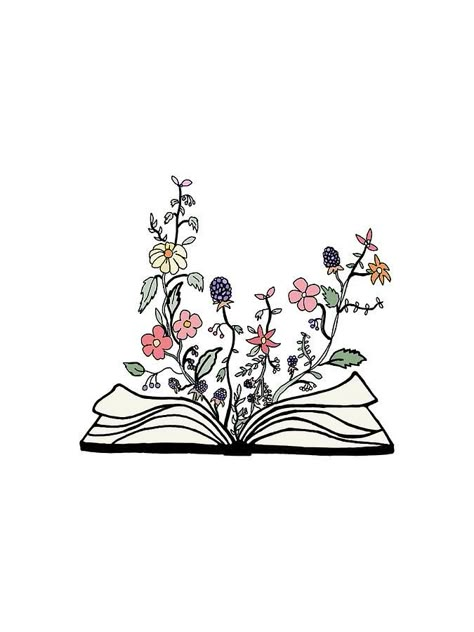 Book Flower Drawing, Flowers Coming Out Of Book, Book Drawing Aesthetic, Book Homescreen, Decorative Doodles, Poetry Pages, Book And Flowers, Library Mural, Book Doodle