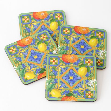 Get my art printed on awesome products. Support me at Redbubble #RBandME: https://www.redbubble.com/i/coasters/Summer-Sicilian-tiles-citrus-oranges-majolica-lemons-Mediterranean-by-MariaMarinova/90859927.E5I3N?asc=u Sicilian Tiles, Lemon Bathroom, Drinks Summer, Sicilian Lemon, Dream House Interior, Art Table, Coasters Set, Drink Coasters, Cold Drinks