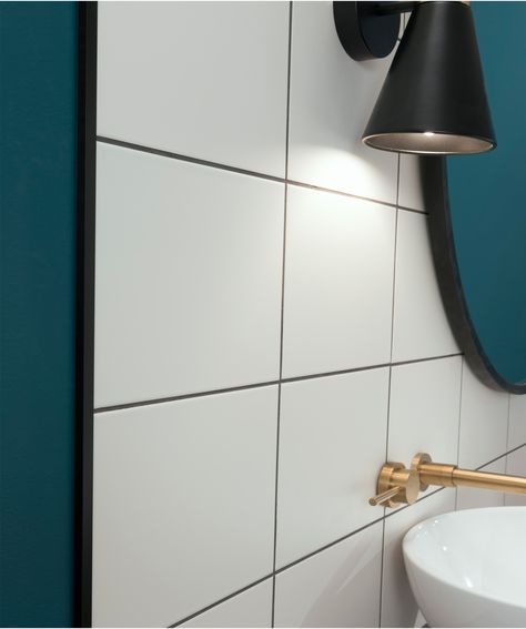 Tiles With Dark Grout, Tiles With Grey Grout, Large White Tiles, Dark Grout, Topps Tiles, Grey Grout, White Wall Tiles, White Ceramic Tiles, Tile Edge