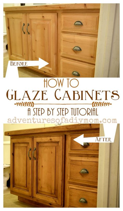 How to Glaze Cabinets with Gel Stain - it's easy with this step by step tutorial. #glazing #updatecabinets #diyglazecabinets #adventuresofadiymom  #beforeandafter #knottyaldercabinets #gelstain Glazing Cabinets, Glaze Cabinets, Knotty Alder Cabinets, Gel Stains, Cork Mat, Update Cabinets, Plywood Cabinets, Utensil Crock, Cooking Utensil