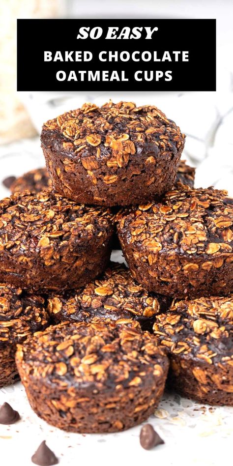 These Baked Chocolate Oatmeal Cups are perfect for busy mornings when you need a breakfast that is ready to go. They are a great way to start the day as they are nutrient-dense, with rich, chocolatey cacao powder, chia seeds, vanilla extract, milk and pure maple syrup mixed with the rolled oats, turned into a muffin tin and baked. So easy and delicious! Cocoa Oatmeal Muffins, Oatmeal Cups Baked, Chocolate Oatmeal Cups, Cacao Oatmeal, Baked Oat Cups, Chocolate Oat Muffins, Chocolate Oat Cups, Chocolate Oatmeal Muffins, Chocolate Breakfast Muffins