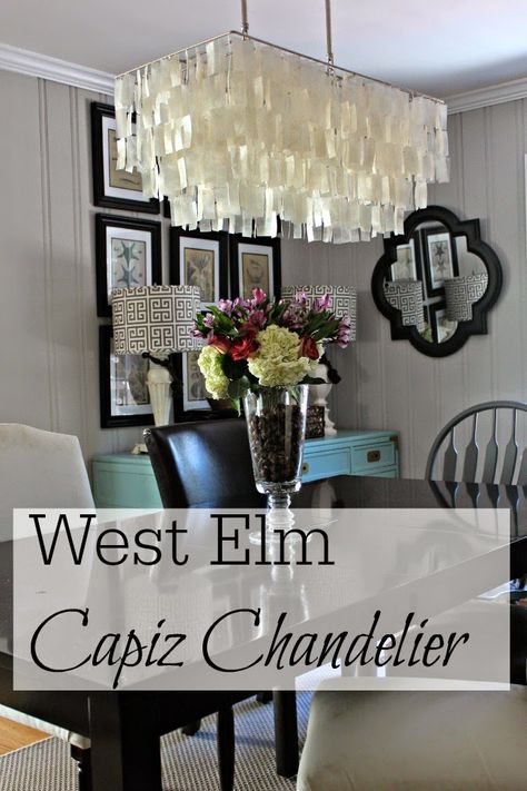 West Elm Capiz Chandelier | An entire blog post with pictures of the West Elm Rectangular Capiz Chandelier. And its currently on sale until Monday! West Elm Lighting, West Elm Chandelier, Dining Room Lighting Chandeliers, Capiz Chandelier, Capiz Shell Chandelier, Bungalow Decor, Coastal Chandelier, Easy Diy Decor, Diy Chandelier