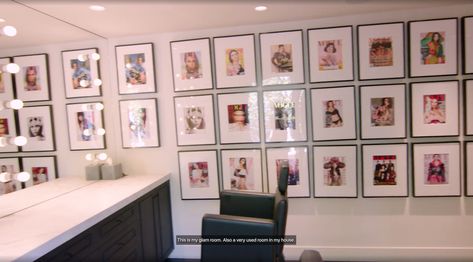 Glam room with framed vogue magazines, separate entrance Kendall Jenner House, Jenner House, Magazine Wall, Beverly Hills Houses, Transitional Contemporary, Glam Room, Makeup Room, House Room, Beauty Room