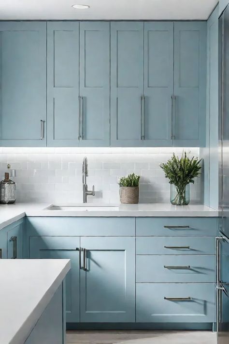 Cooltoned blue cabinets creating a serene kitchen atmosphere Blue Kitchen Cabinets White Countertops, Blue Shaker Cabinets Kitchen, Modern Kitchen Cabinet Colors, Light Blue Kitchen Cabinets, Serene Kitchen, Open Kitchen Layout, Blue Gray Kitchen Cabinets, Blue Shaker Cabinets, Modular Kitchen Ideas