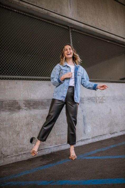 4 Ways to Style a Denim Jacket with Pants Leather Pants Denim Jacket Outfit, Oversized Jean Jacket Outfit, Different Pants, Oversized Denim Jacket Outfit, Style A Denim Jacket, Jean Jacket Fits, Light Wash Jean Jacket, Leather Pants Outfit, Jean Jacket Outfits