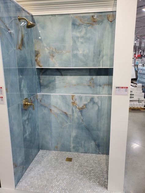 Blue Washroom Ideas, Aquamarine Bathroom Ideas, Blue Onyx Bathroom, Baby Blue Bathroom Ideas, French Blue Bathroom, Onyx Tile Bathroom, Blue Marble Bathroom, Blue Shower Tile, Bathroom Wall Tile Design