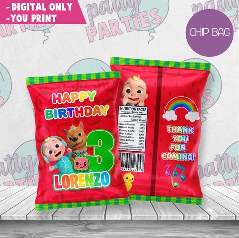 COCOMELON CHIP BAG Cocomelon Chip Bag Template, Cocomelon Chip Bags, Chips Bags, Coco Melon, Kiss Gift, Cocomelon Birthday, Bags Ideas, Cricut Joy, Chip Bags