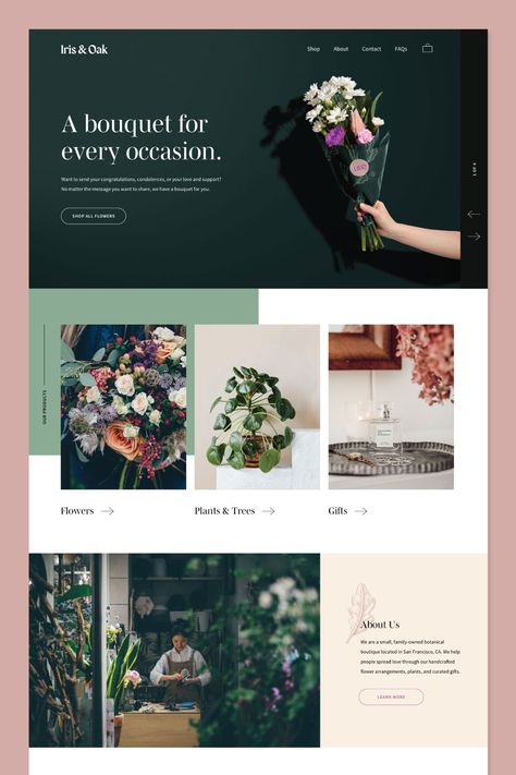 Website Design Flower Shop, Pretty Website Design Inspiration, Flower Portfolio Design, Herbalist Website Design, Plant Shop Website, Art Shop Website Design, Website Home Page Ideas, Plant Website Design Inspiration, Gift Shop Website Design