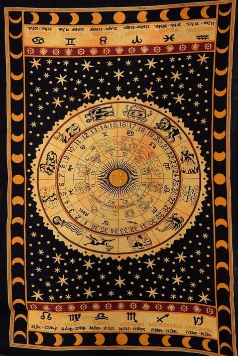 Black Zodiac, Celtic Zodiac, Celestial Tapestry, Sun And Moon Tapestry, Moon Tapestry, Mandala Wall Hanging, Handmade Tapestries, Hippie Tapestry, Indian Mandala