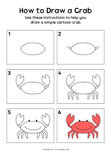 How to Draw a Crab Instructions Sheet (SB12309) - SparkleBox How To Draw A Crab Easy, Draw A Crab Easy, Easy Crab Drawing For Kids, Step By Step Drawing For Kids, How To Draw For Kids, Crab Drawing, Sketches Cartoon, Trin For Trin Tegning, Easy Animal Drawings