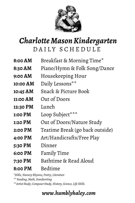 Our daily schedule for a Charlotte Mason inspired Kindergarten. Read my blog for details on when I tackle homemaking tasks, computer work and reading between homeschooling. I also have a baby and a toddler so I share what I do with them while I’m homeschooling our kindergartener. Our schedule may not happen at these EXACT times each day but generally, in the same order. Charlotte Mason Preschool Schedule, Charlotte Mason Kindergarten Schedule, Charlotte Mason Timetable, Kindergarten Daily Schedule, Charlotte Mason Kindergarten, Charlotte Mason Schedule, Family Rhythm, Wild Schooling, Homeschool Daily Schedule