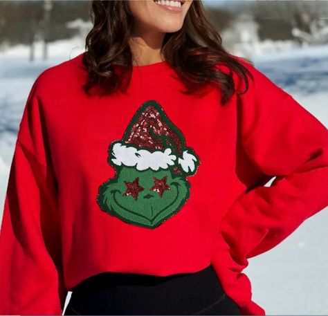 Grinch chenille & sequins 🎄🎅💚 Patch can be applied to any shirt/sweatshirt...just ask. 😉 Sequin Patch, Grinch, How To Apply, Canning, Sweatshirts, Quick Saves