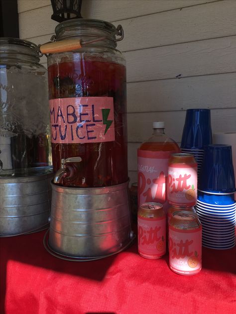 Mabel Juice!! Complete with stars, plastic dinosaurs and colored cubes alongside Pitt Cola (actual peach soda) for Liam's Gravity Falls Birthday Party Mabel Juice, Gravity Falls Party Decorations, Gravity Falls Party Ideas, Gravity Falls Decor, Gravity Falls Party Games, Gravity Falls Theme Party, Gravity Falls Party, Gravity Falls Birthday Party Ideas, Gravity Falls Birthday