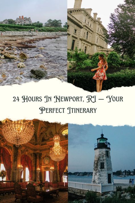 A four photo collage; mansions along the coast. A woman in a red dress in front of the mansions. A room with grand decor and chandeliers. A lighthouse with a great light. Gilded Age Mansions, Newport Restaurants, Chinese Tea House, Rhode Island Travel, Marble House, Lisbon Travel, House Hunters, Perfect Itinerary, Newport Ri