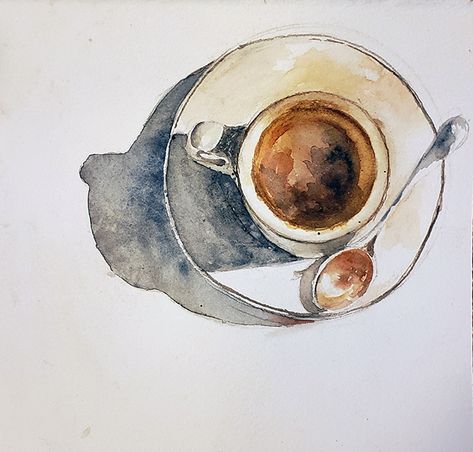 Coffee Watercolor Painting, Tea Sketch, Watercolor Art Coffee, Tea Cup Illustration, Cappuccino Art, Coffee Watercolor, Watercolor Architecture, Watercolor Paintings For Beginners, Watercolor Journal